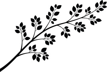 Black silhouette tree branch with leaves, nature element, botanical design, foliage clipart, organic vector art, natural illustration, eco decor