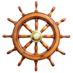 A vintage wooden ships wheel with a brass center, isolated on transparent background