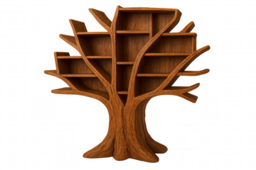 Wooden tree-shaped bookshelf displaying books against clean background, bringing natural design element to home library or reading corner