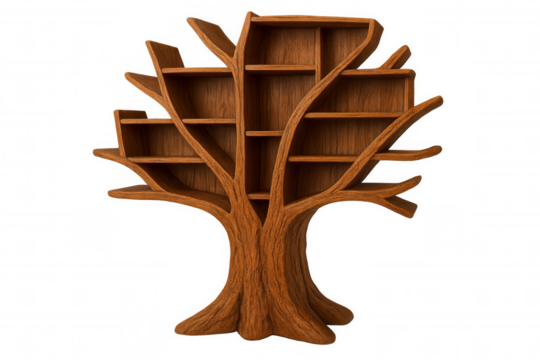 Wooden tree-shaped bookshelf displaying books against clean background, bringing natural design element to home library or reading corner