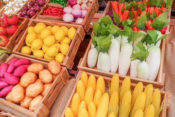 Fresh Fruits and vegetables at a farmer market,raw fruits,nutrition,organic,healthy eating or shopping in a grocery store.
