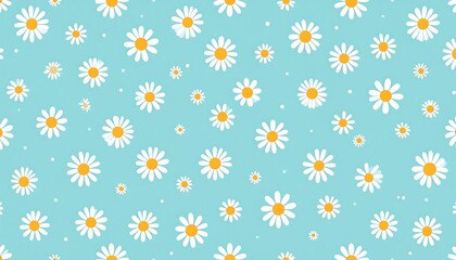 Cheerful daisy field on pastel blue backdrop in playful repeat pattern art