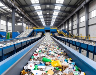 Waste sorting facility processing recyclable materials on conveyor belts for resource recovery operations