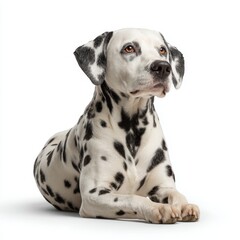 A dalmatian dog lying, looking up attentively. A beautiful dalmatian dog with distinctive spots, captured in a focused pose.