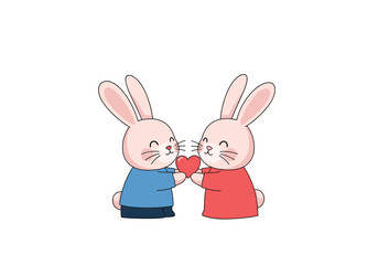 Fototapeta premium Adorable couple of pink rabbits holding a red heart together with love