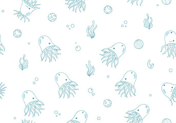 Charming hand drawn ocean creatures and bubbles under the sea fabric