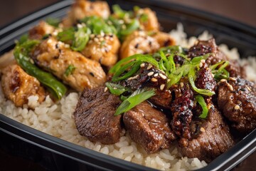 Fototapeta premium Delicious Asian Take Out: Closeup of Teriyaki Beef and Chicken on Steamed Rice