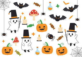 Charming halloween elements featuring cute ghosts pumpkins spiders bats and candy for festive decorations