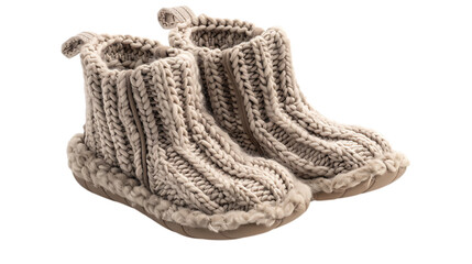 Fototapeta premium Illustration of pair of cozy knit wool slippers for home comfort, isolated on transparent background, perfect for relaxing at home in winter, a stylish and warm footwear