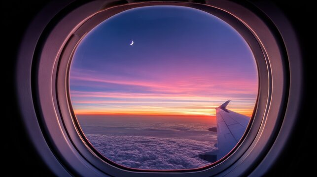 Airplane window view showing a sunset over clouds and distant horizon