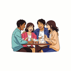 Diverse young friends share authentic laughter and true connections over coffee in a vibrant, modern urban cafe, enjoying candid social interactions.