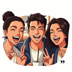 Three diverse friends share genuine laughter and true connections in a modern coffee shop, embodying urban lifestyle and community happiness.