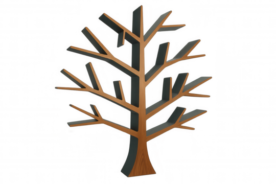 Wooden tree-shaped bookshelf providing ample storage, standing against transparent background for interior design rendering