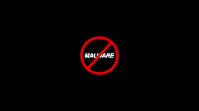 malware prohibition sign animation. black background .Caution warning symbol, alert, error sign, 4K motion animation