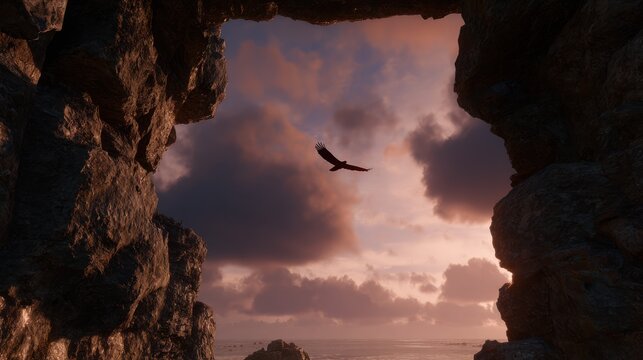 An eagle soars through a rocky opening towards a sunset sky and distant ocean - Powered by Adobe