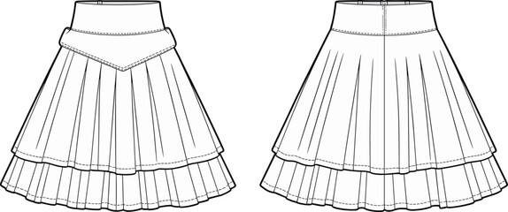  new update CAD Drawing Flat Vector Illustration, Pleated Layered Skirt Design, Front and Back Technical Fashion Sketch, Flared High Waist Skirt Template