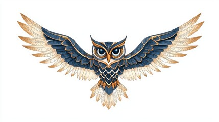 Fototapeta premium An intricately designed owl with majestic wings spread wide, showcasing vibrant colors and exquisite details.