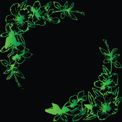 Obraz premium A beautiful green floral pattern with delicate flowers, set against a deep black background.