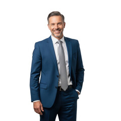 Fototapeta premium Professional man in blue suit and tie smiling confidently on a dark stage transparent background