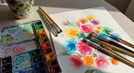 Obraz premium Colorful Watercolor Flower Painting with Brushes and Paint Palette on White Paper