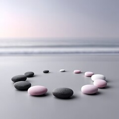 Circular Arrangement of Pink and Gray Stones on a Beach