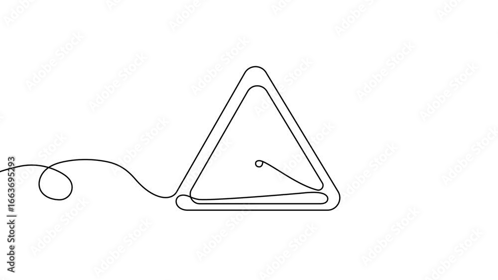 Poster animation of a single line drawing of a warning sign. continuous contour movement of a warning sign.