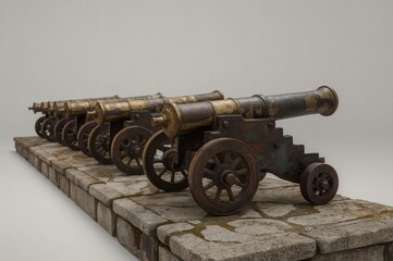 Antique cannons, museum display, stone base, white background, history