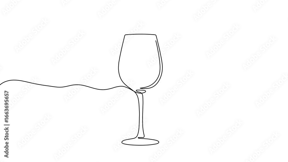 Poster animation of a single line drawing of a wine glass. continuous contour movement of a wine glass. con