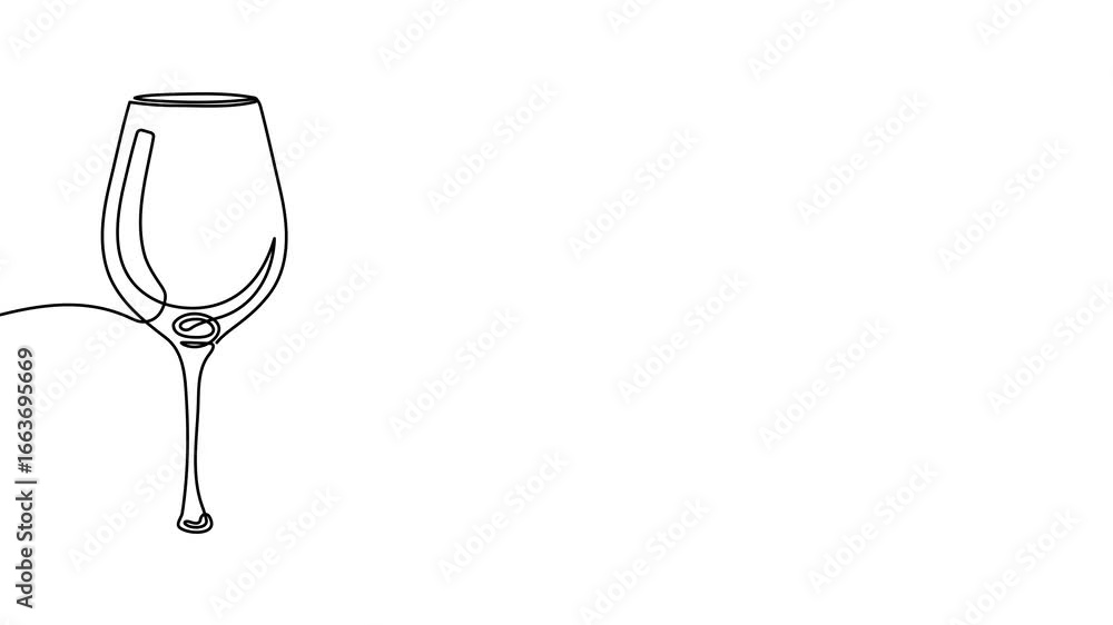 Poster animation of a single line drawing of a wine glass. continuous contour movement of a wine glass. con
