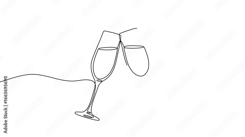 Poster animation of a single line drawing of two champagne glasses. continuous contour movement of two cham