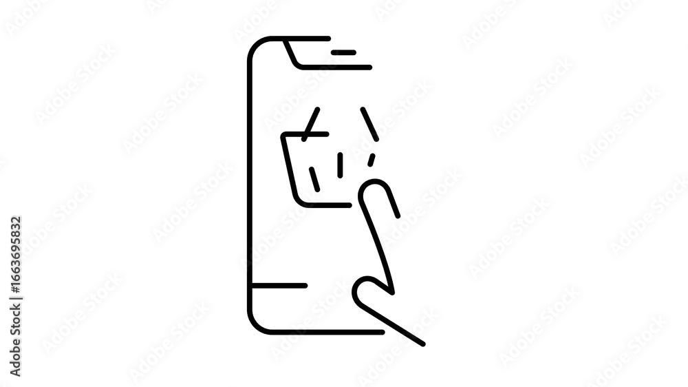 Aufkleber animation of a single line drawing of a hand interacting with a smartphone displaying a shopping car