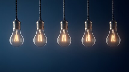 Five Glowing Vintage Light Bulbs Hanging Dark Background