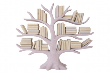Pink tree bookshelf holding many books with transparent background, perfect for education and knowledge concepts