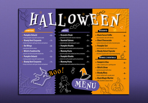 Halloween Menu with decorations layout template