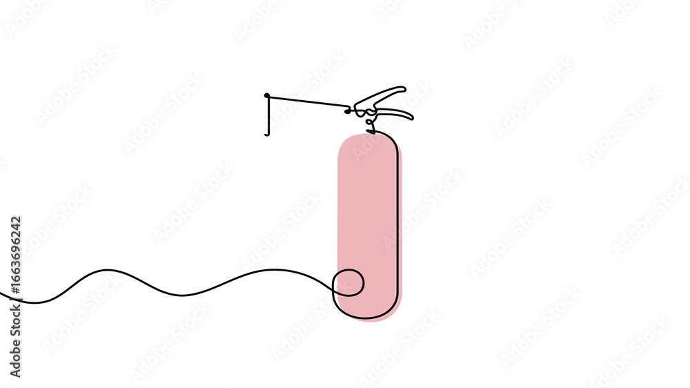 Poster animation of a single line drawing of an extinguisher, which is colored in pink. continuous contour 
