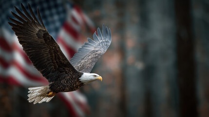 Bald Eagle Flying with American Flag Backdrop - Symbol of Freedom and Patriotism