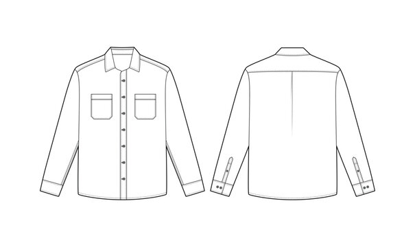 Men&rsquo;s shirt button-up long sleeve editable vector, front and back view, casual shirt, classic collar, cuff detail, fashion technical flat sketch white background 