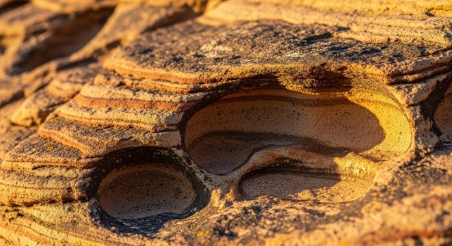 Closeup of weathered rock formation with layered texture and natural erosion patterns