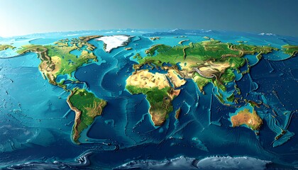 A detailed, high-resolution global map displays continents, oceans, and varied terrain, showcasing the Earth's geographical features in vivid color.