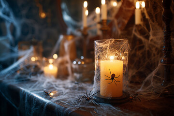 A collection of spooky home decor items: cobwebs, fake spiders, and a flickering candle, creating an eerie ambiance indoors.