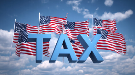 American Flag with 3D TAX Text - Finance, Economy, and Taxation in the USA