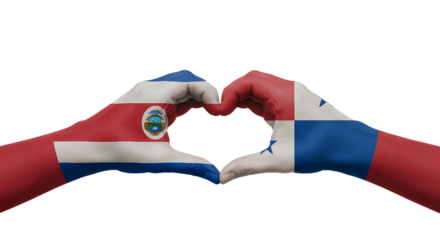 Costa Rican and Panamanian Flag Painted Hands Creating Heart Symbol On Isolated Transparent Background