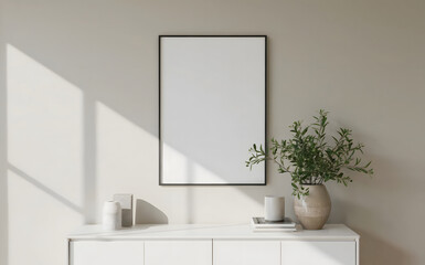 Minimalist blank frame mockup with natural light casting shadows on a neutral wall, perfect for showcasing your art or photography in a chic, modern interior setting.