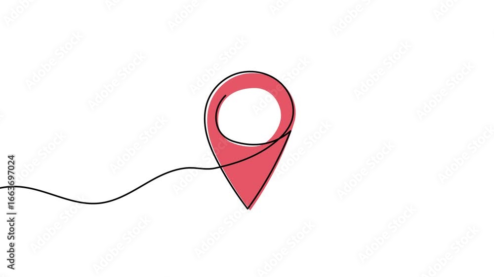 Poster animation of a single line drawing of a location pin with color. continuous contour movement of a ge