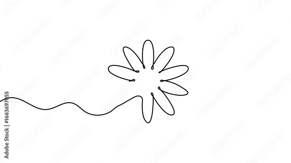 Poster animation of a single line drawing of a flower. continuous contour movement of a flower. continuous 