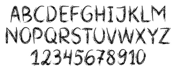 Crayon kids font, doodle playful alphabet with hand drawn letters and numbers. Wax crayon ABC 