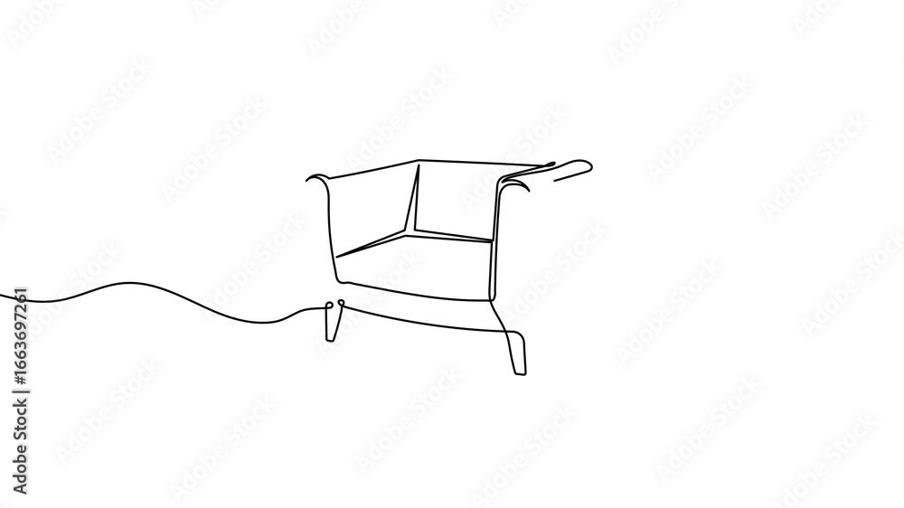 Poster animation of a single line drawing of an armchair. continuous contour movement of an armchair. conti