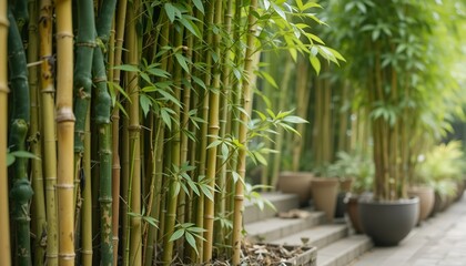 Obraz premium Green bamboo plants in various pots lined against a wall, creating a fresh and natural decorative touch for outdoor or indoor garden spaces