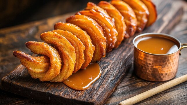 Caramel churros in artful display on weathered wooden board, golden sauce cascading over ridged exterior, copper serving vessel, premium Mexican dessert photography