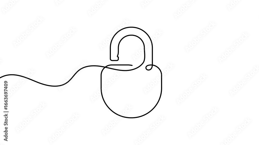 Poster animation of a single line drawing of a padlock. continuous contour movement of a padlock. continuou